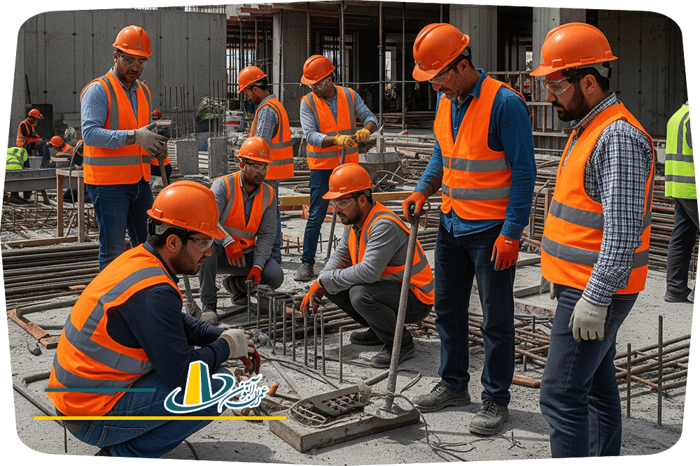 آموزش کارگران ساختمانی با تجهیزات ایمنی در حال کار در یک پروژه ساختمانی