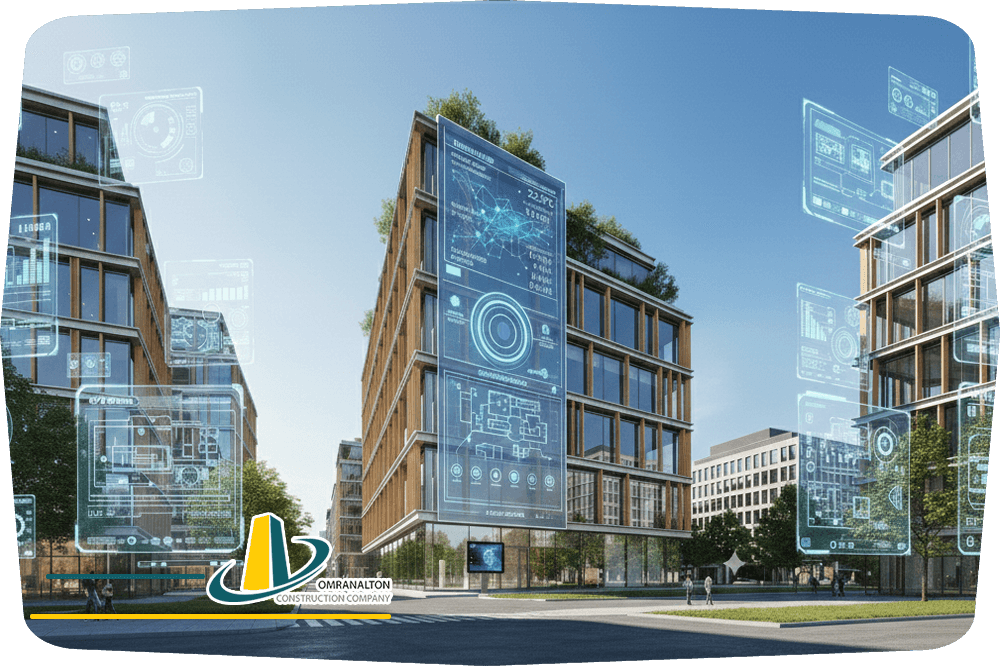 Modern smart building exterior with digital control interface